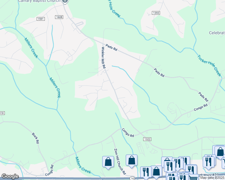 map of restaurants, bars, coffee shops, grocery stores, and more near 1753 /1755 Winkler Mill Road in Wilkesboro