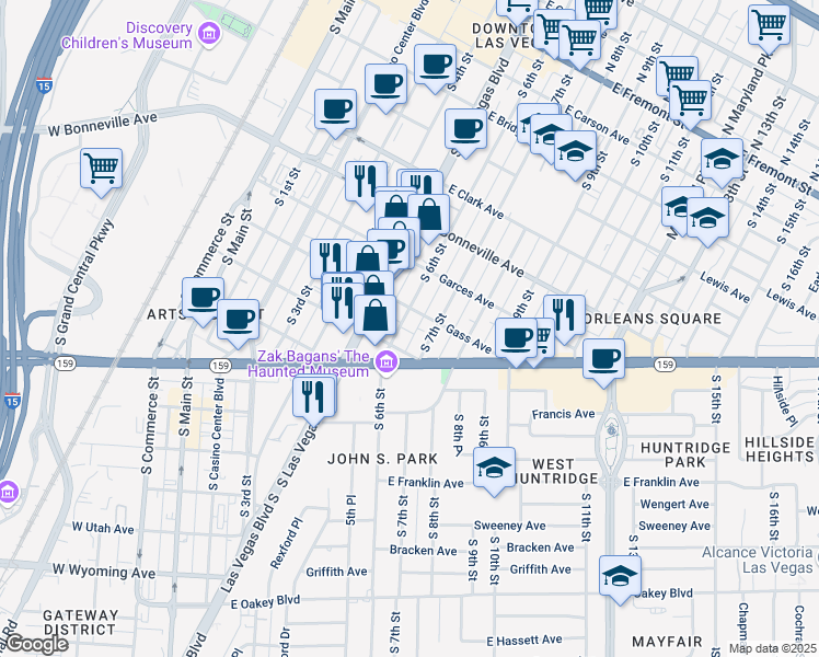 map of restaurants, bars, coffee shops, grocery stores, and more near 731 South 6th Street in Las Vegas