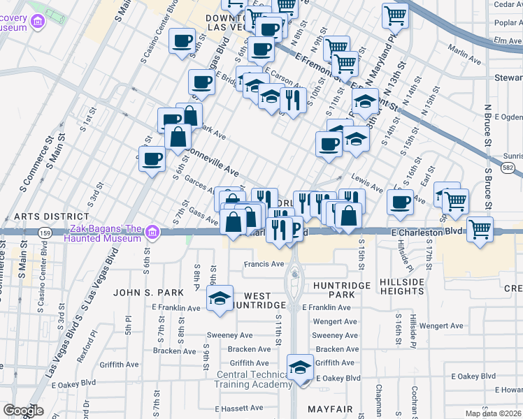 map of restaurants, bars, coffee shops, grocery stores, and more near 601 South 10th Street in Las Vegas