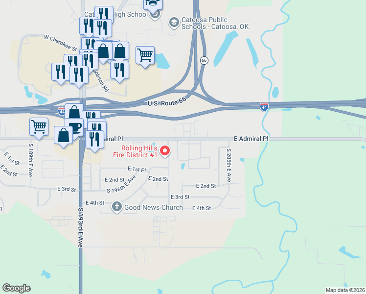 map of restaurants, bars, coffee shops, grocery stores, and more near 20102 East Admiral Place in Catoosa