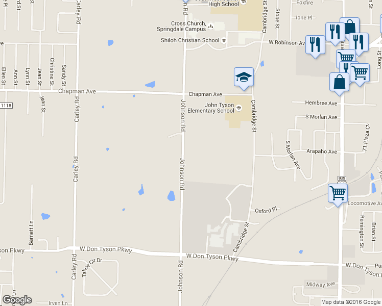map of restaurants, bars, coffee shops, grocery stores, and more near 2801 East Don Tyson Parkway in Springdale