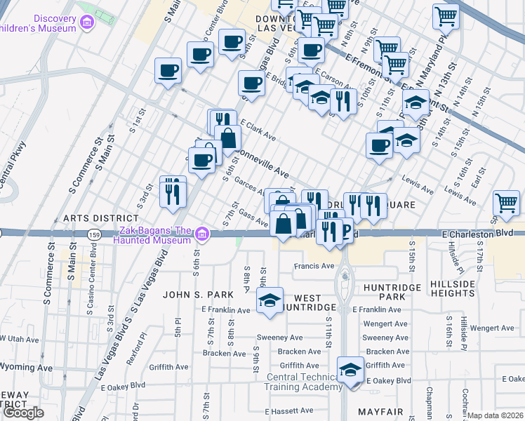 map of restaurants, bars, coffee shops, grocery stores, and more near 721 South 8th Street in Las Vegas