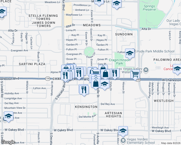 map of restaurants, bars, coffee shops, grocery stores, and more near 1001 Essex Drive West in Las Vegas