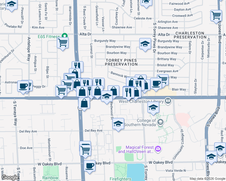 map of restaurants, bars, coffee shops, grocery stores, and more near 6541 Casada Way in Las Vegas