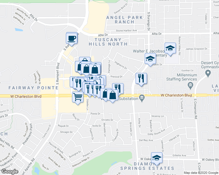 map of restaurants, bars, coffee shops, grocery stores, and more near 8600 West Charleston Boulevard in Las Vegas