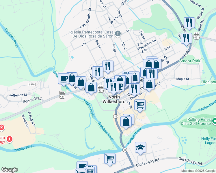 map of restaurants, bars, coffee shops, grocery stores, and more near 348 10th Street in North Wilkesboro