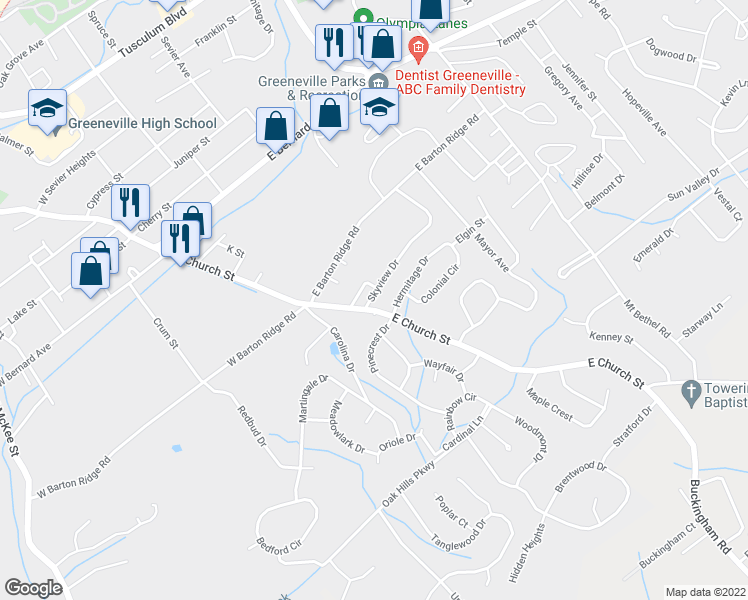 map of restaurants, bars, coffee shops, grocery stores, and more near 110 Skyview Drive in Greeneville