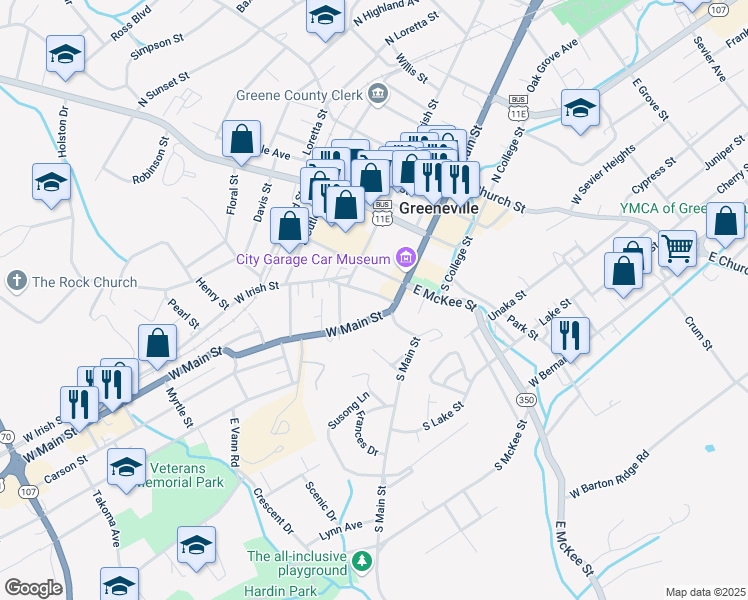 map of restaurants, bars, coffee shops, grocery stores, and more near 307 South Irish Street in Greeneville