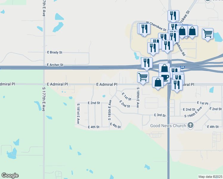 map of restaurants, bars, coffee shops, grocery stores, and more near 6 South 184th East Place in Tulsa