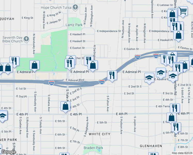 map of restaurants, bars, coffee shops, grocery stores, and more near 5308e East Admiral Place in Tulsa