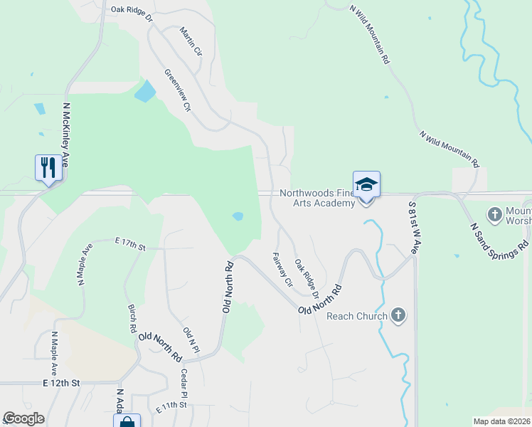map of restaurants, bars, coffee shops, grocery stores, and more near 506 Oak Ridge Drive in Sand Springs