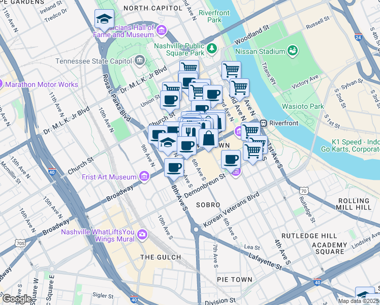 map of restaurants, bars, coffee shops, grocery stores, and more near in Nashville