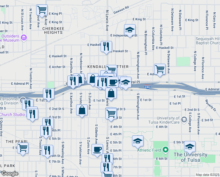 map of restaurants, bars, coffee shops, grocery stores, and more near 2405 East Admiral Boulevard in Tulsa