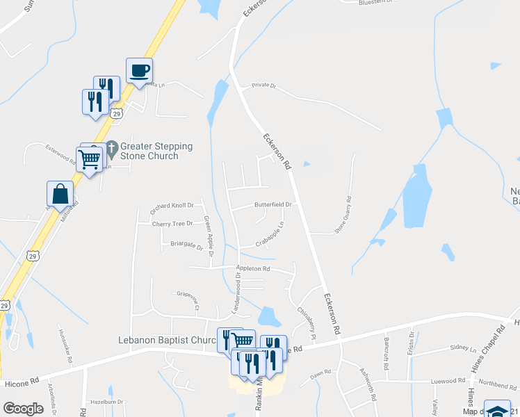map of restaurants, bars, coffee shops, grocery stores, and more near 5709 Cranberry Court in Greensboro