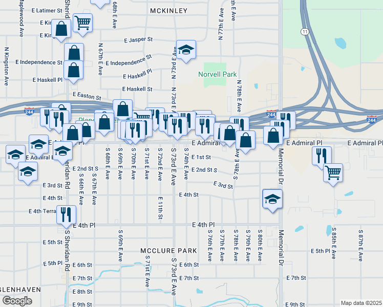 map of restaurants, bars, coffee shops, grocery stores, and more near 7418 East Admiral Place in Tulsa