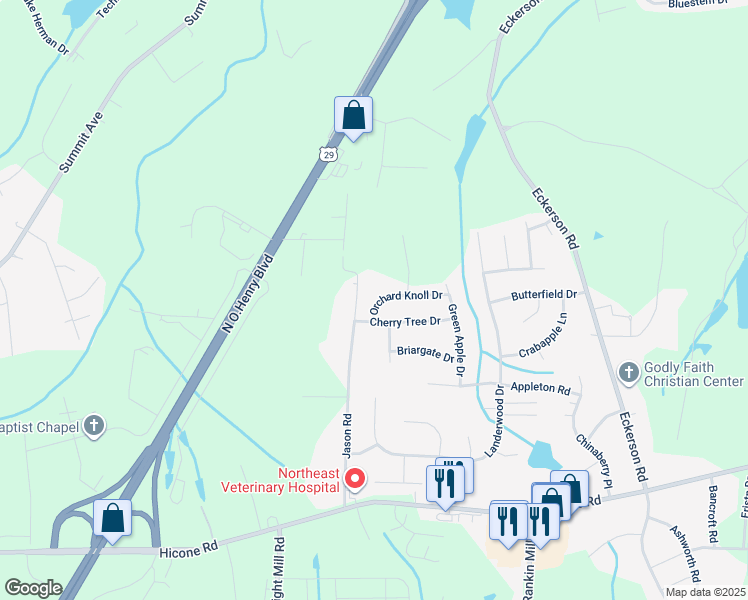 map of restaurants, bars, coffee shops, grocery stores, and more near 3979 Orchard Knoll Drive in Greensboro