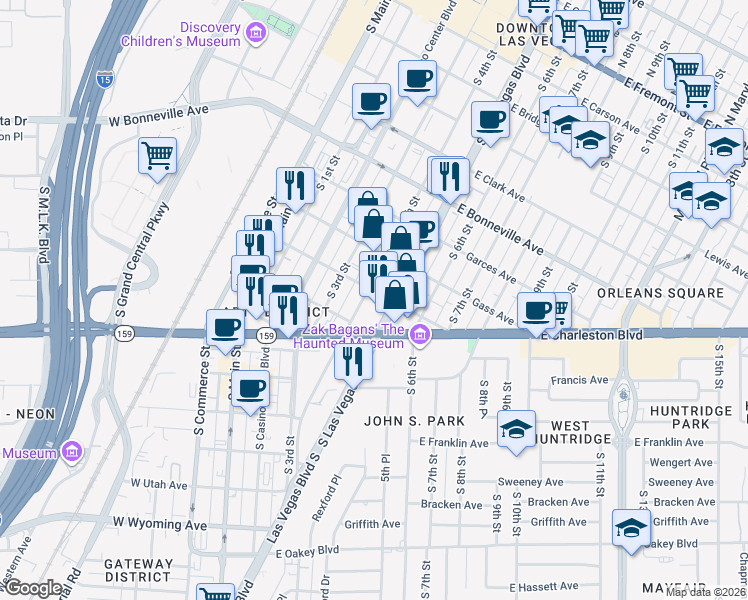 map of restaurants, bars, coffee shops, grocery stores, and more near 827 South 4th Street in Las Vegas