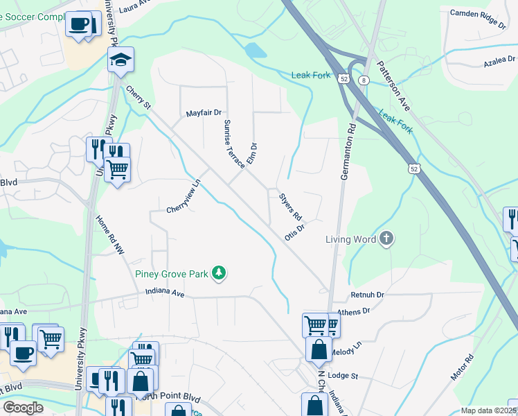 map of restaurants, bars, coffee shops, grocery stores, and more near 4915 Cherry Street in Winston-Salem