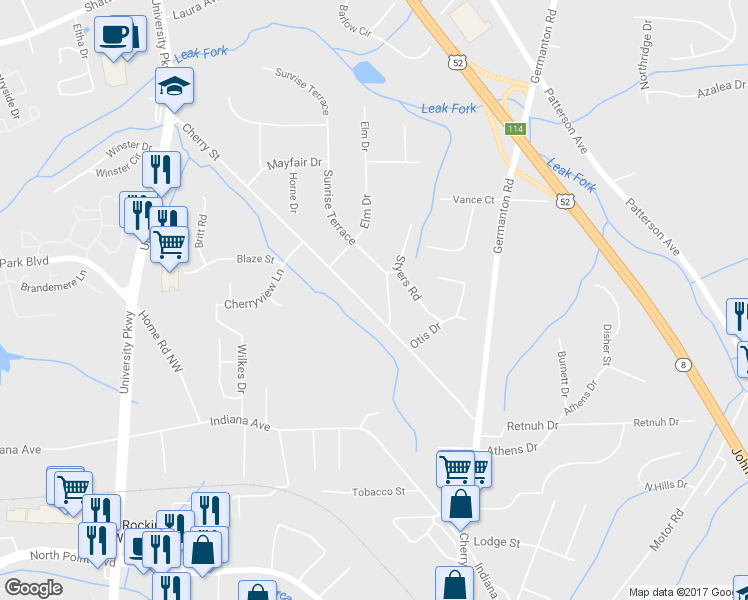 map of restaurants, bars, coffee shops, grocery stores, and more near 4915 Cherry Street in Winston-Salem