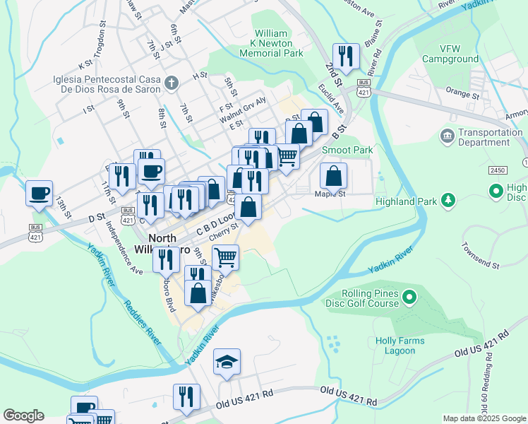 map of restaurants, bars, coffee shops, grocery stores, and more near 613 South Cherry Street in Wilkesboro