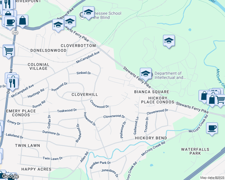 map of restaurants, bars, coffee shops, grocery stores, and more near 1214 Sugar Creek Circle in Nashville