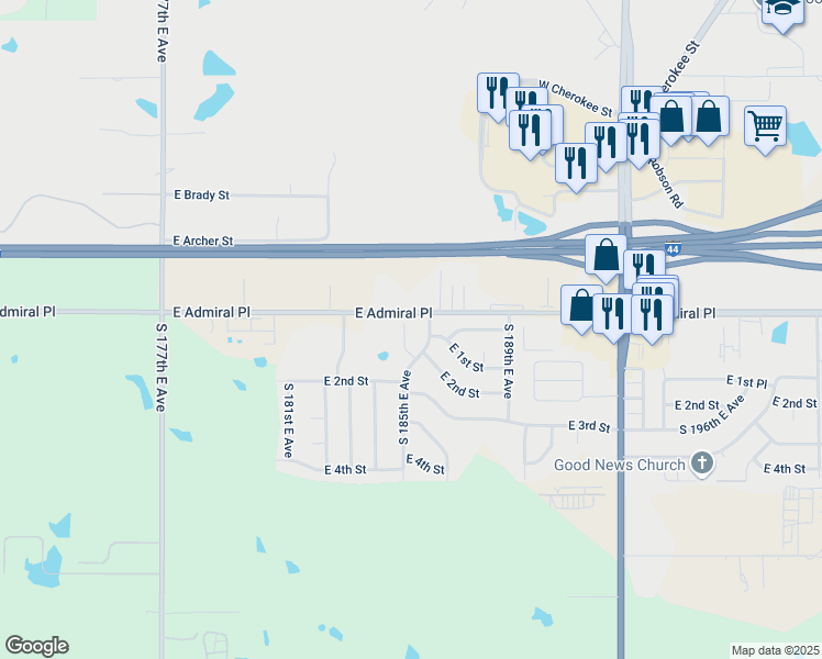 map of restaurants, bars, coffee shops, grocery stores, and more near 6 South 184th East Place in Tulsa