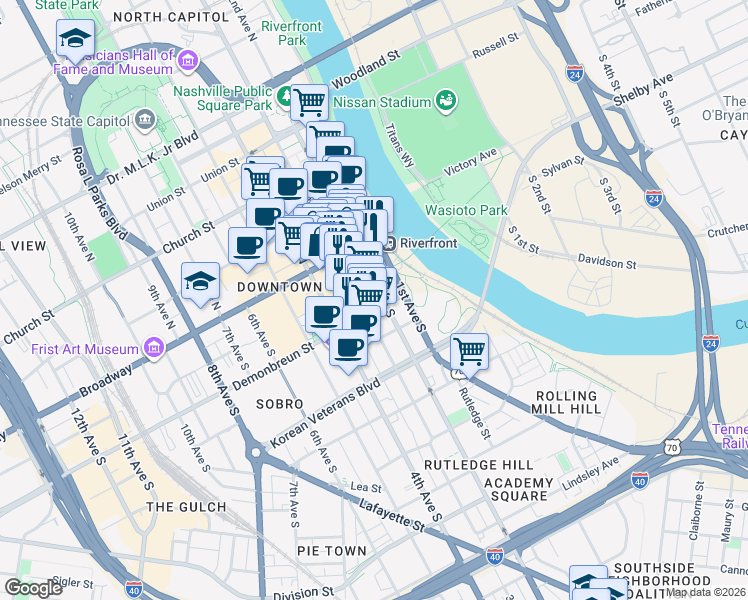 map of restaurants, bars, coffee shops, grocery stores, and more near 150 3rd Avenue South in Nashville