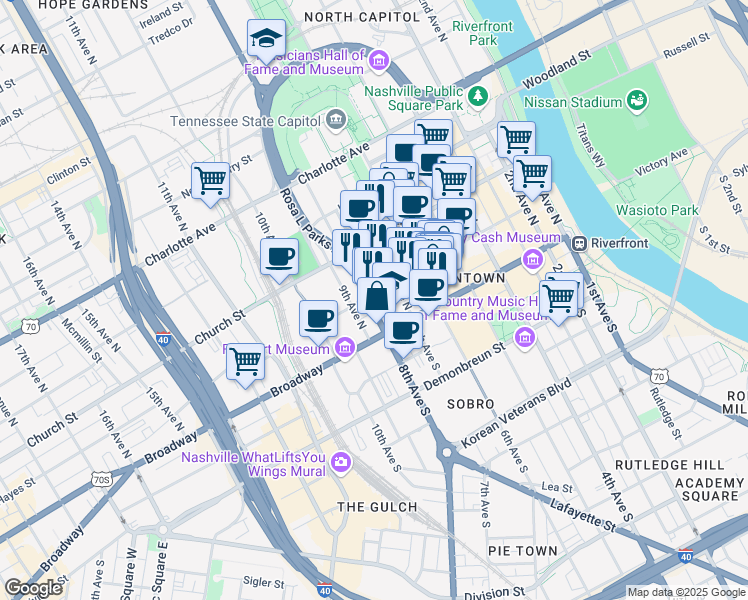 map of restaurants, bars, coffee shops, grocery stores, and more near 1312 Rosa L Parks Boulevard in Nashville