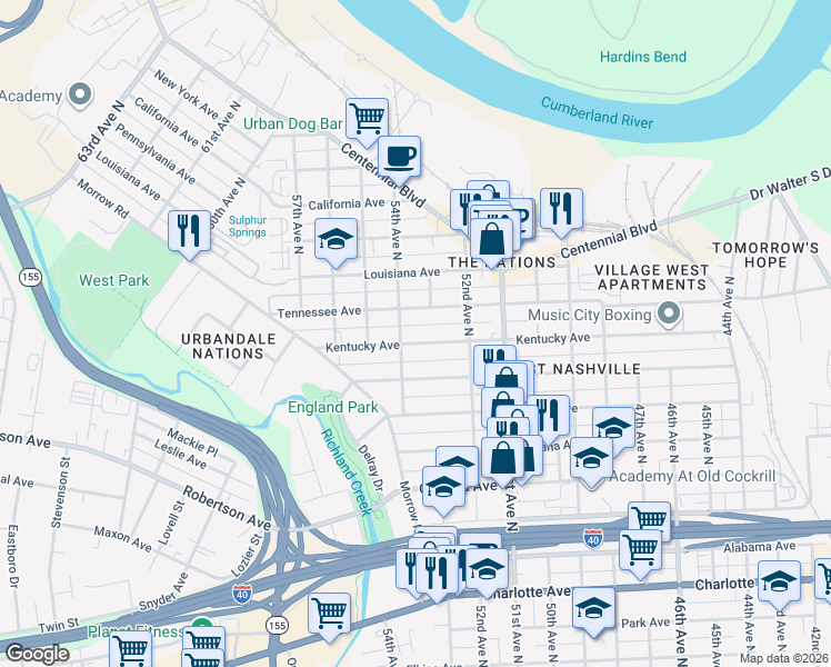 map of restaurants, bars, coffee shops, grocery stores, and more near 5317 Tennessee Avenue in Nashville