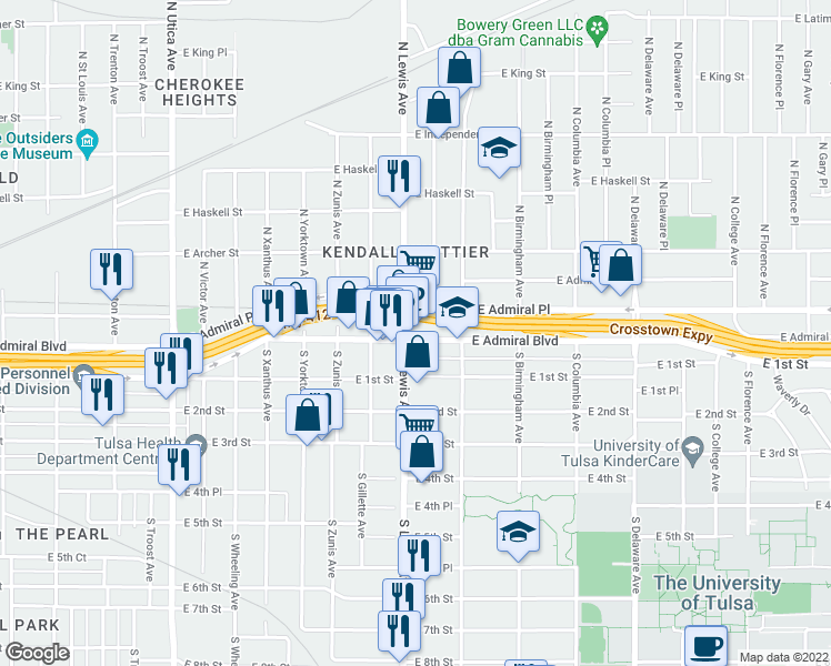 map of restaurants, bars, coffee shops, grocery stores, and more near 2405 East Admiral Boulevard in Tulsa