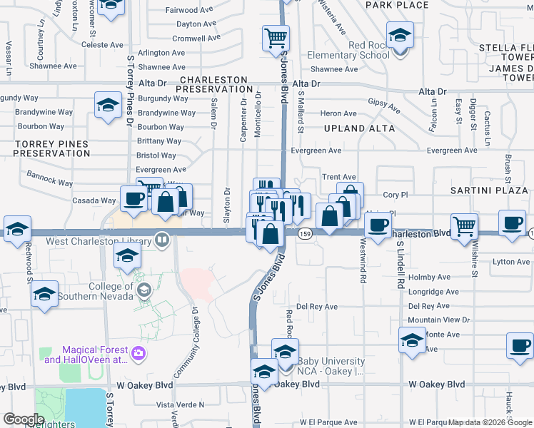 map of restaurants, bars, coffee shops, grocery stores, and more near 6121 Sonoma Circle in Las Vegas