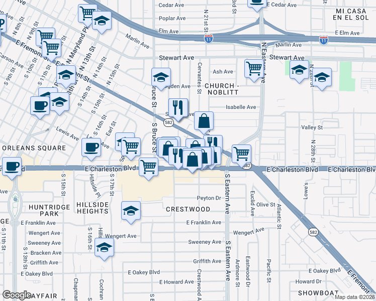 map of restaurants, bars, coffee shops, grocery stores, and more near 254 Tower Street in Las Vegas