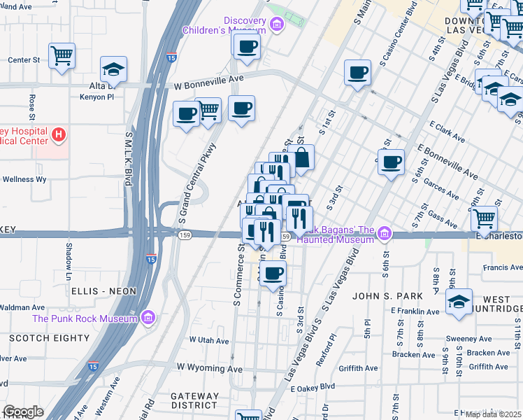 map of restaurants, bars, coffee shops, grocery stores, and more near 150 South 1st Street in Las Vegas