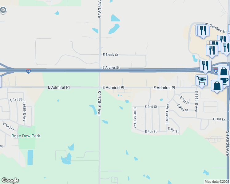 map of restaurants, bars, coffee shops, grocery stores, and more near 17702 East Admiral Place in Catoosa
