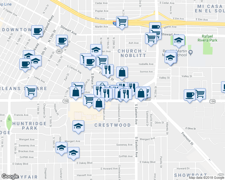 map of restaurants, bars, coffee shops, grocery stores, and more near 254 Tower Street in Las Vegas