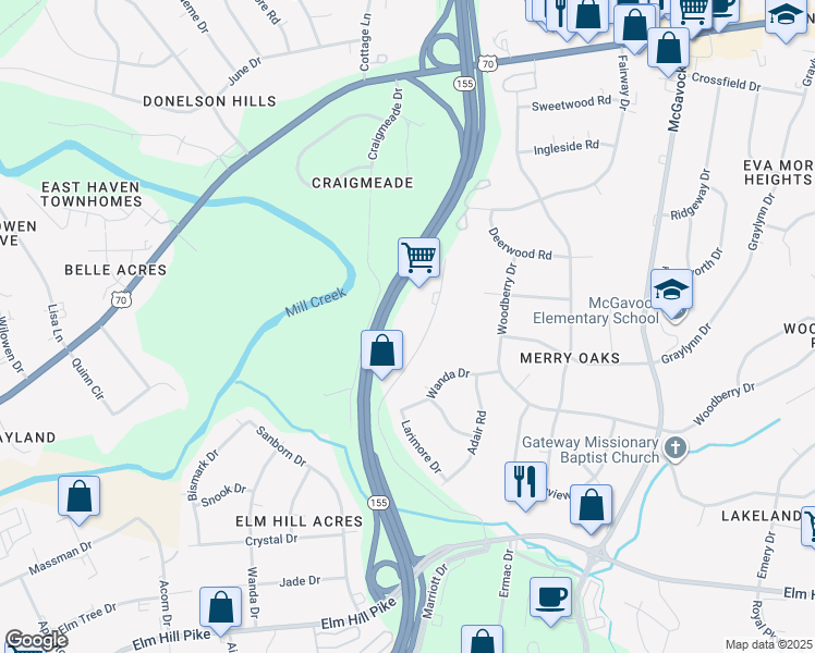 map of restaurants, bars, coffee shops, grocery stores, and more near 2435 Atrium Way in Nashville