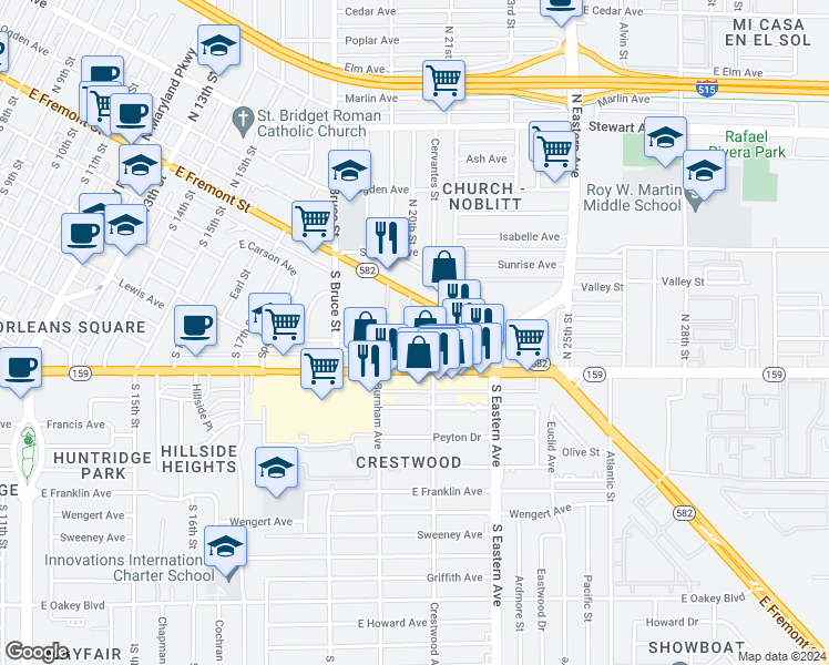 map of restaurants, bars, coffee shops, grocery stores, and more near 2002 Yaupon Avenue in Las Vegas
