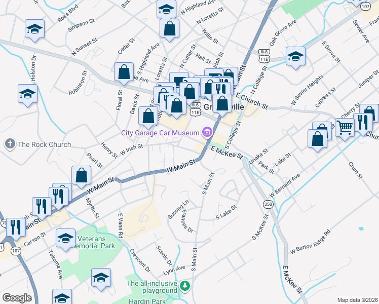 map of restaurants, bars, coffee shops, grocery stores, and more near 307 South Irish Street in Greeneville