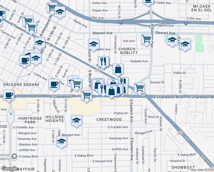 map of restaurants, bars, coffee shops, grocery stores, and more near 2002 Yaupon Avenue in Las Vegas