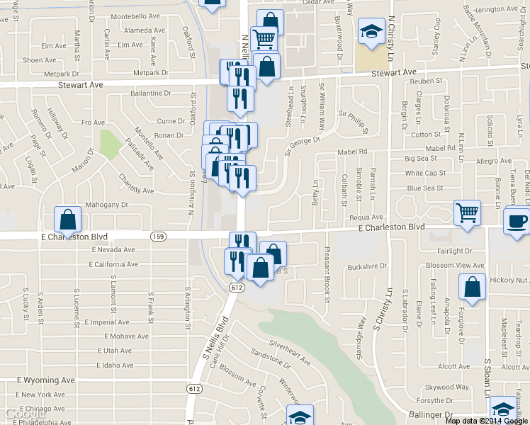 map of restaurants, bars, coffee shops, grocery stores, and more near 109 Sir Arthur Drive in Las Vegas