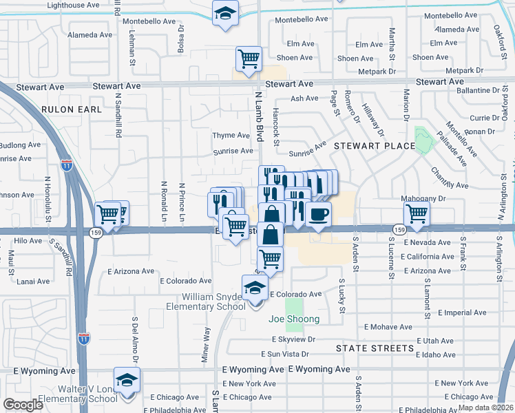 map of restaurants, bars, coffee shops, grocery stores, and more near 45 North Lamb Boulevard in Las Vegas