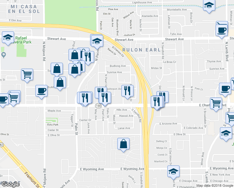 map of restaurants, bars, coffee shops, grocery stores, and more near 3800 Johnson Avenue in Las Vegas