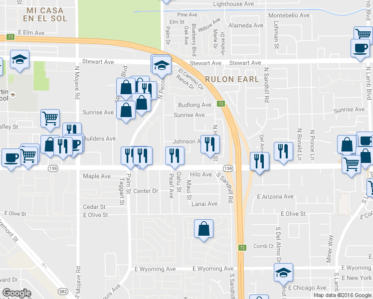 map of restaurants, bars, coffee shops, grocery stores, and more near 3640 Johnson Avenue in Las Vegas
