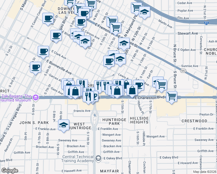 map of restaurants, bars, coffee shops, grocery stores, and more near 501 South Maryland Parkway in Las Vegas