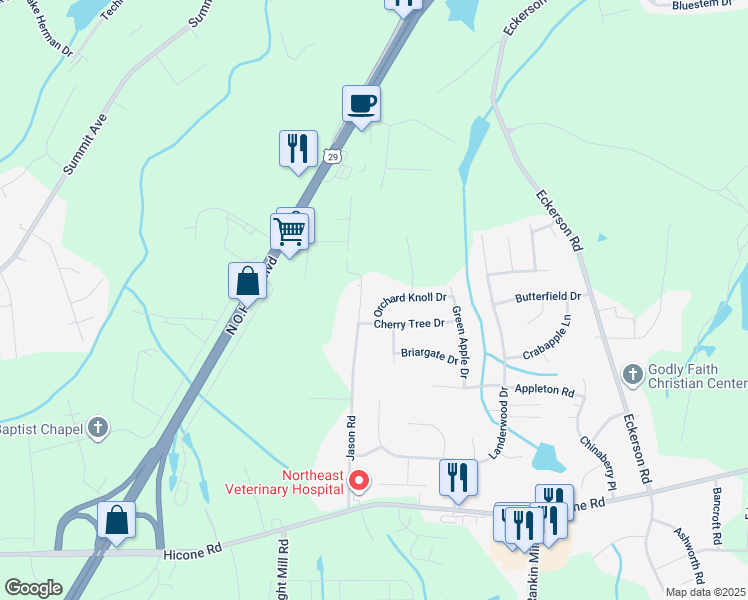 map of restaurants, bars, coffee shops, grocery stores, and more near 3979 Orchard Knoll Drive in Greensboro
