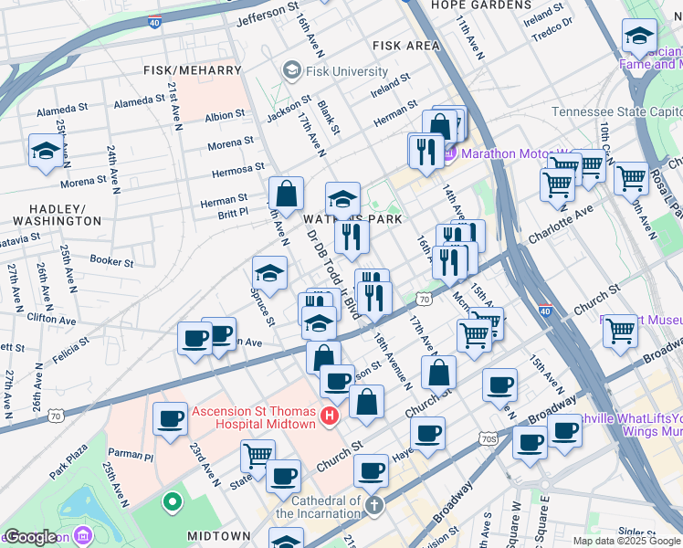 map of restaurants, bars, coffee shops, grocery stores, and more near 512 Fisk Street in Nashville