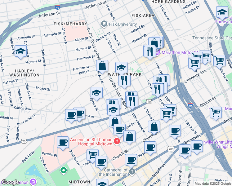 map of restaurants, bars, coffee shops, grocery stores, and more near 1801a Jo Johnston Avenue in Nashville