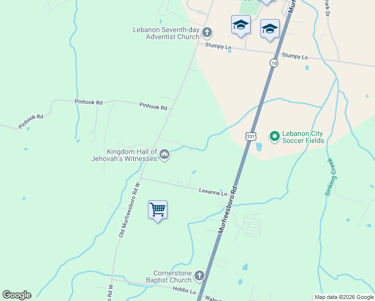 map of restaurants, bars, coffee shops, grocery stores, and more near 3121 Old Murfreesboro Road West in Lebanon