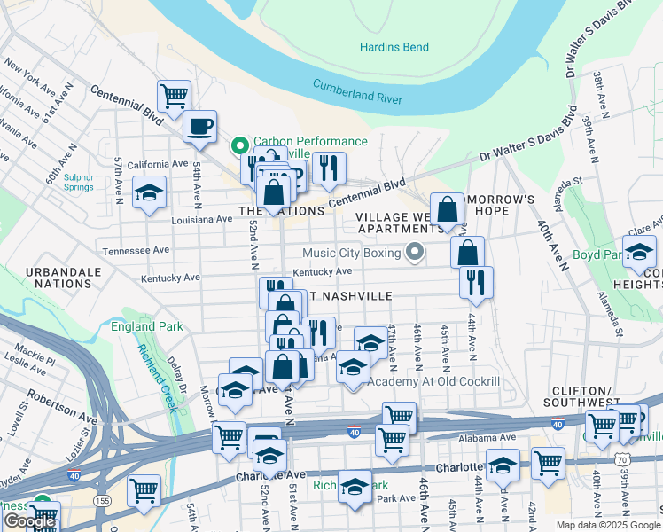 map of restaurants, bars, coffee shops, grocery stores, and more near 4905 Tennessee Avenue in Nashville