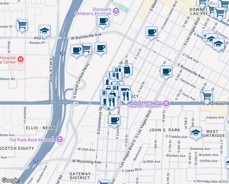 map of restaurants, bars, coffee shops, grocery stores, and more near 150 South 1st Street in Las Vegas